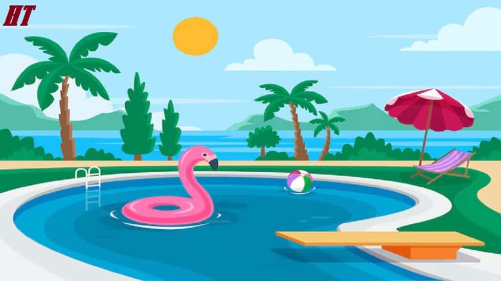 Step-by-step guide on how to draw a poolside scene with a swimming pool, beach, palm trees, and summer accessories for art beginners.