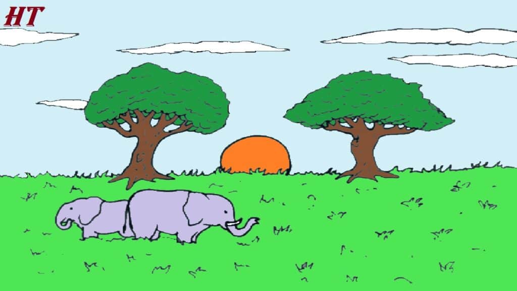 Step-by-step guide to drawing a savanna landscape with trees, grass, and animals for beginners.