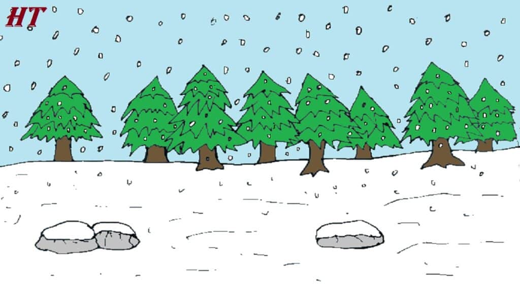 Simple step-by-step guide to drawing a winter landscape featuring pine trees, snow, and falling snowflakes, perfect for beginners and art enthusiasts.