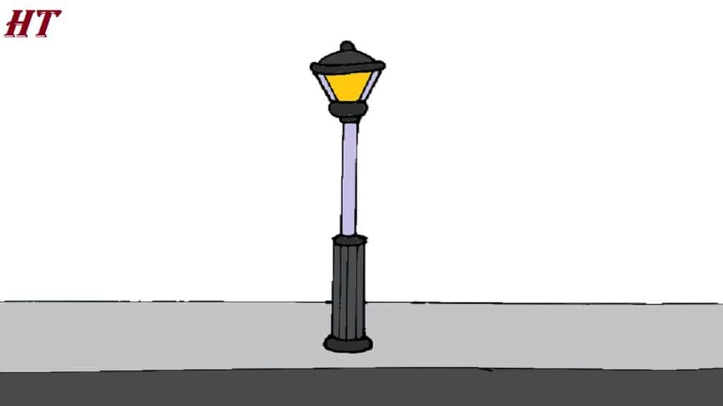 Illustration showing the step-by-step process to draw a street lamp, including the base, pole, and lamp head, ideal for art tutorials and drawing guides.