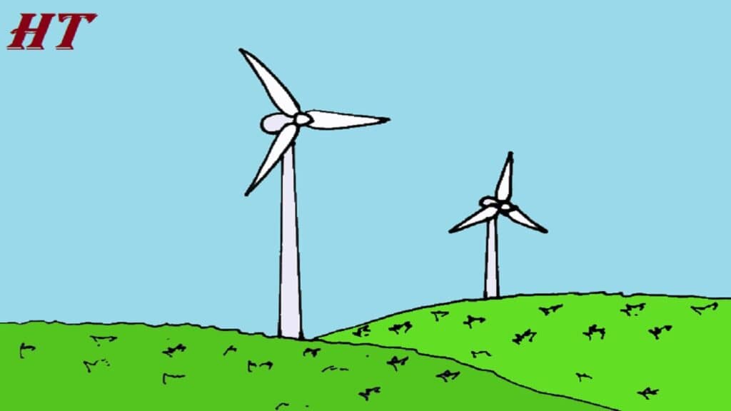 Step-by-step drawing of wind turbines with detailed blades and tower structure, suitable for beginners learning to draw renewable energy symbols.