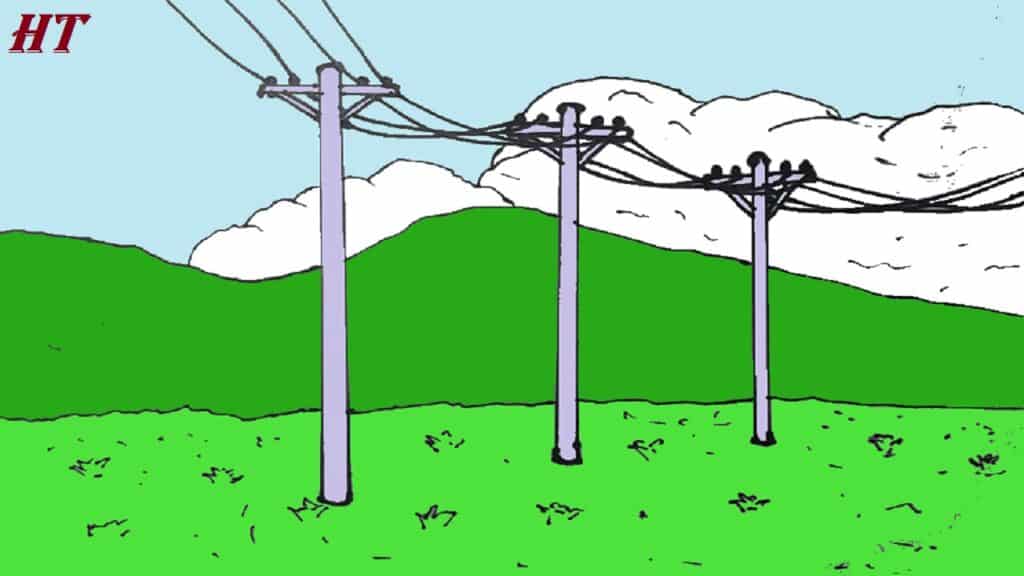 Step-by-step illustration of drawing power lines with utility poles, wires, and background mountains for educational purposes.