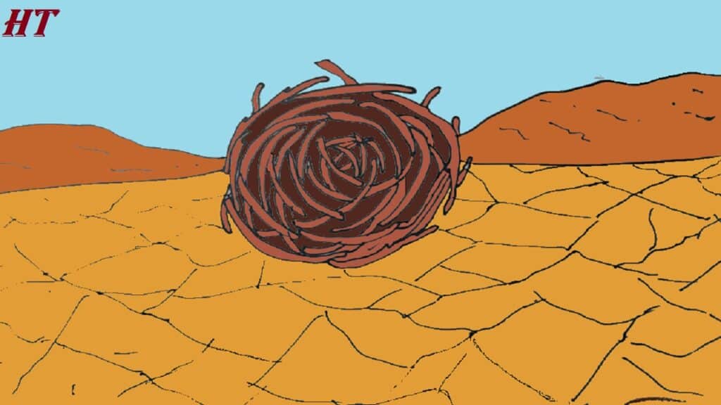 Step-by-step drawing of a tumbleweed on a cracked desert ground with mountains in the background, suitable for learning how to draw tumbleweed.